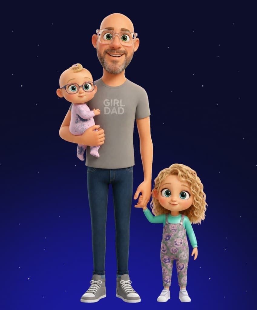 John Kobs holding his baby daughter and holding hands with his older daughter