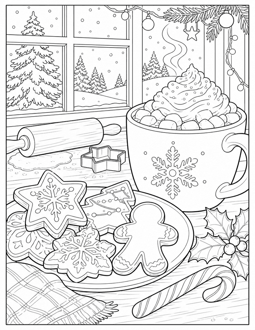 Coloring page of Christmas cookies on a plate beside a mug of cocoa with marshmallows