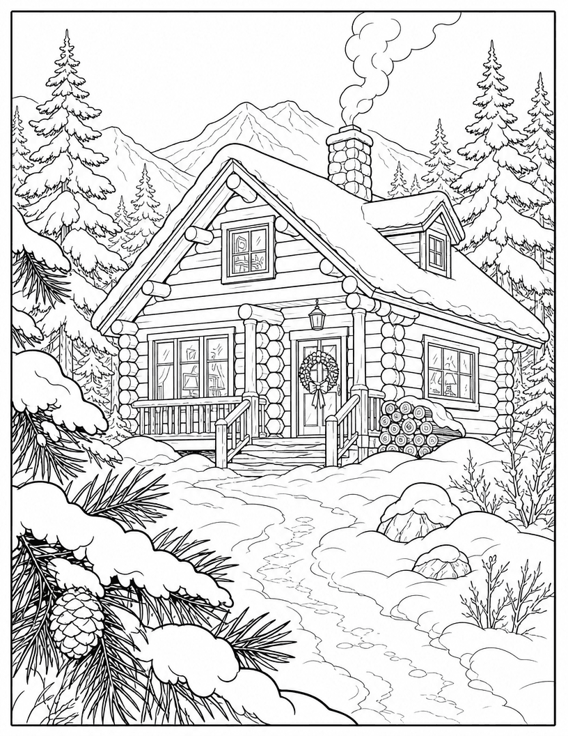 Coloring page of a log cabin with a wreath on the door in snowy pine woods