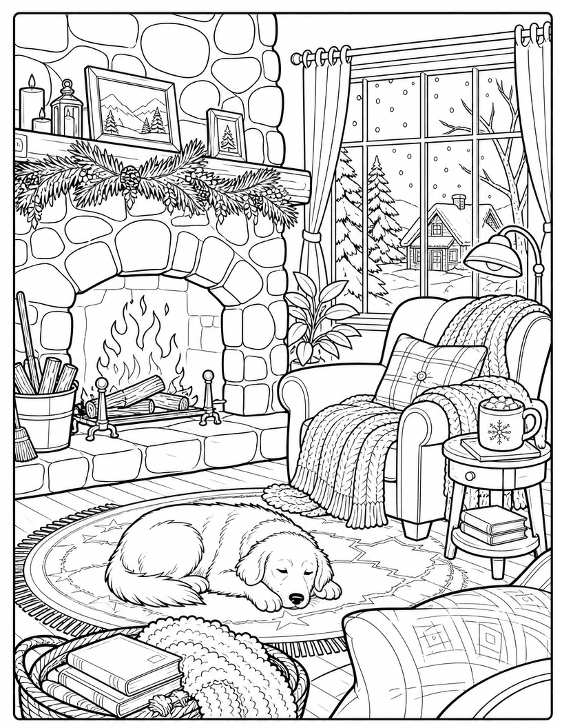 Coloring page of a sleeping dog on a rug in front of a stone fireplace and armchair