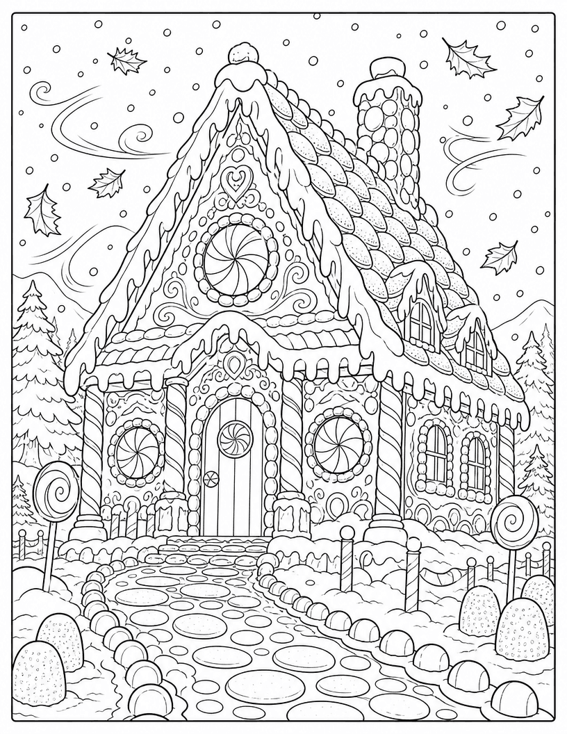 Coloring page of a candy gingerbread house with a candy path and lollipops