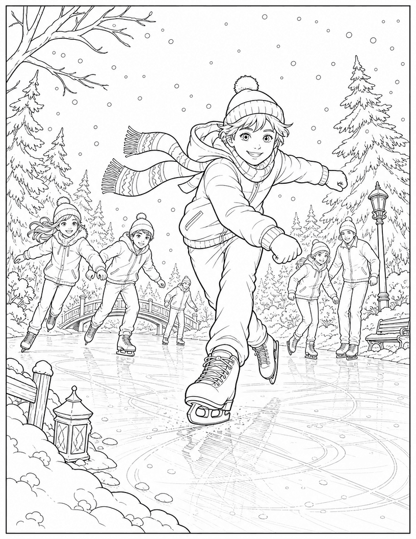 Coloring page of a boy skating toward us on an icy pond with friends and pine trees