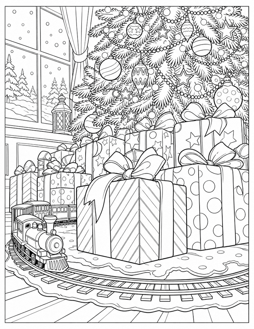 Coloring page of wrapped gifts stacked under a Christmas tree beside a toy train