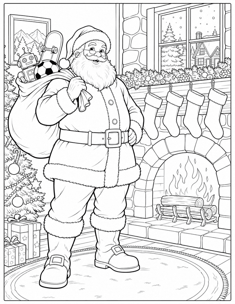 Coloring page of Santa holding a toy sack beside a fireplace with stockings