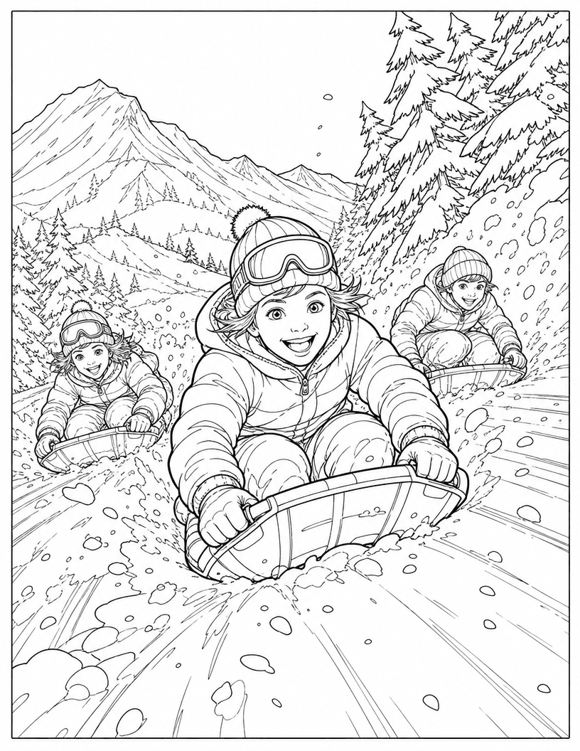 Coloring page of three kids sledding down a snowy hill toward pine trees and mountains