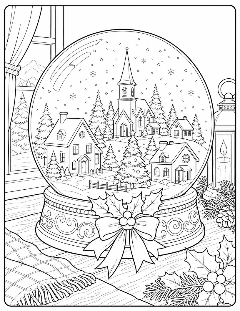 Coloring page of a snow globe with a church and village houses, tied with a holly bow