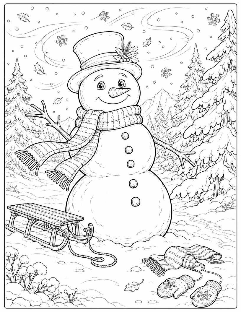 Coloring page of a smiling snowman in a top hat beside a sled and mittens