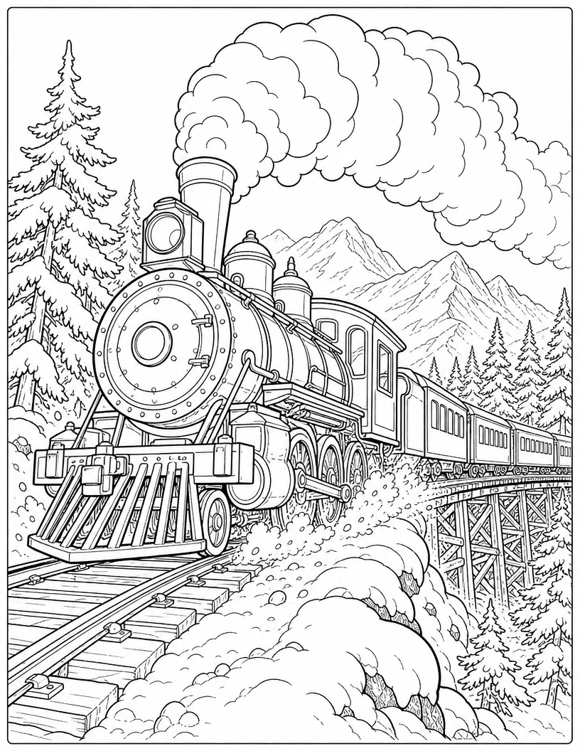 Coloring page of a steam train crossing a snowy trestle through pine woods and mountains
