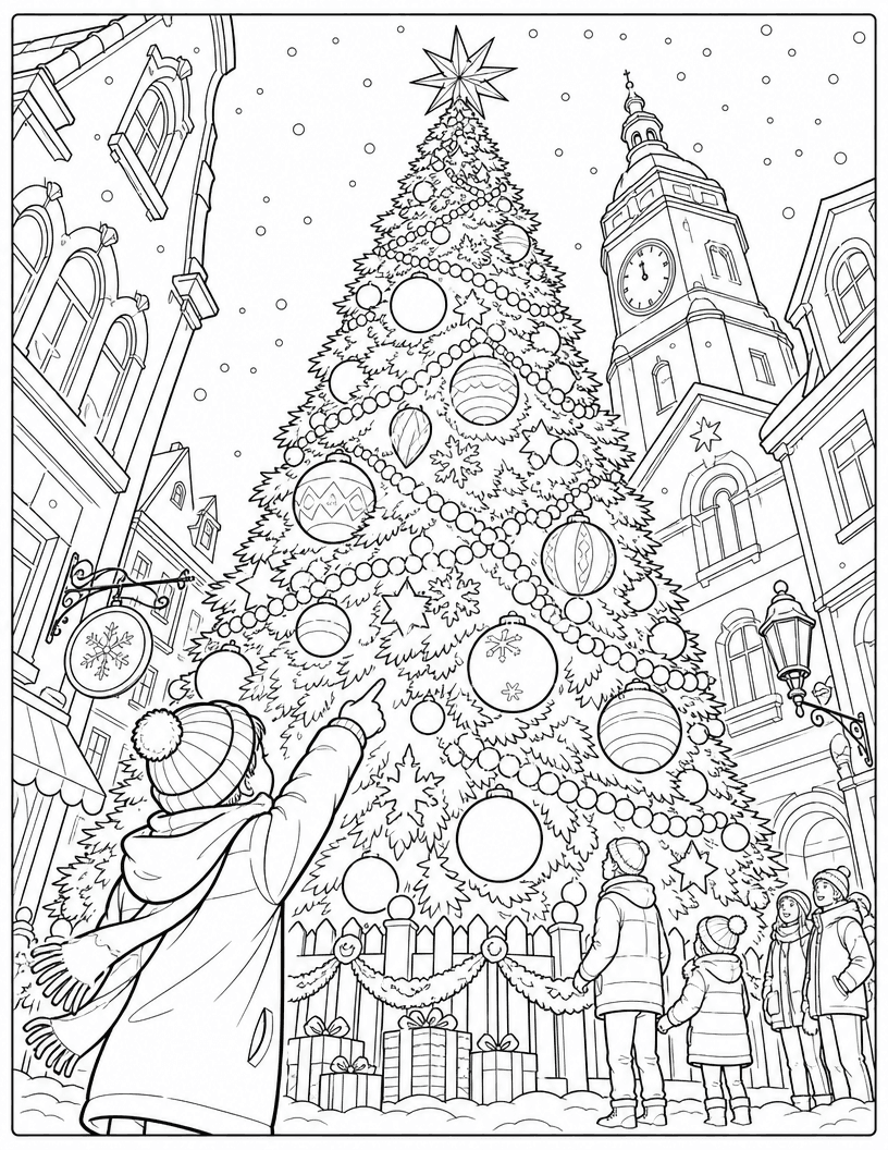 Coloring page of a tall decorated Christmas tree in a town square with families watching