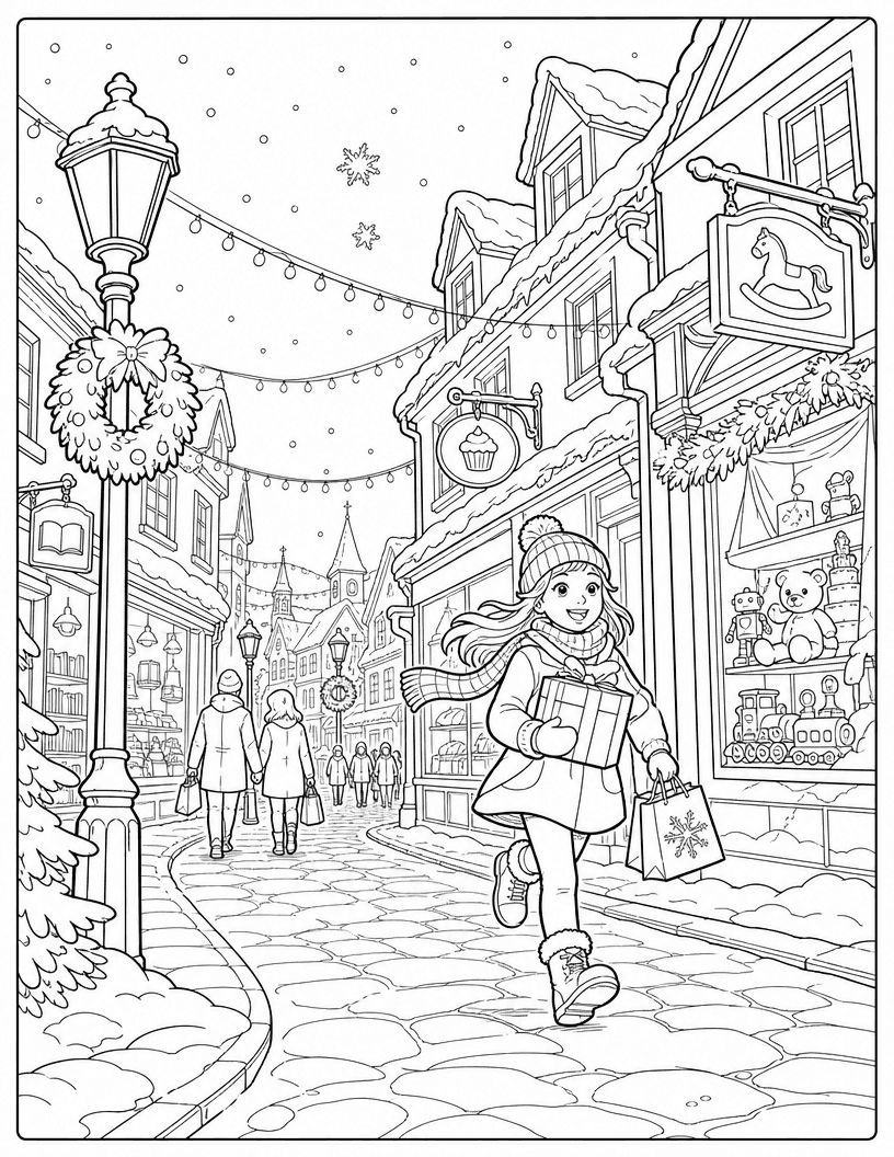 Coloring page of a girl carrying gifts down a snowy village street of toy shops