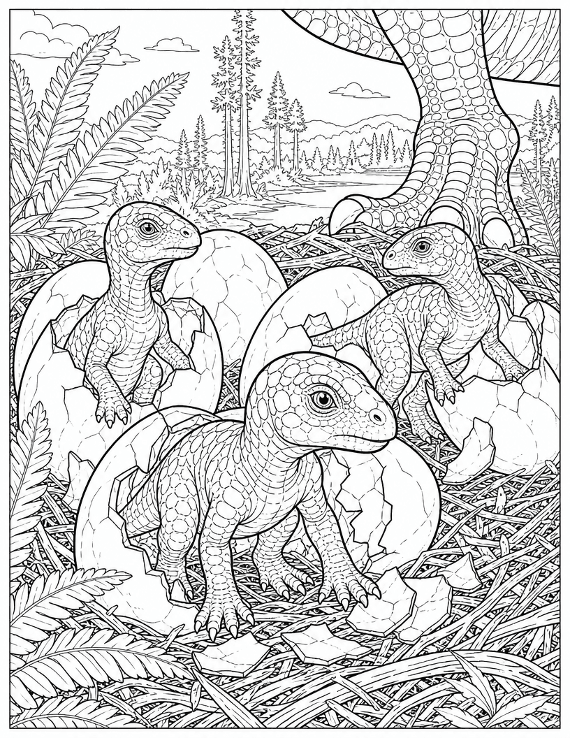 Coloring page of three baby dinosaurs hatching from eggs beside a parent dinosaur's foot