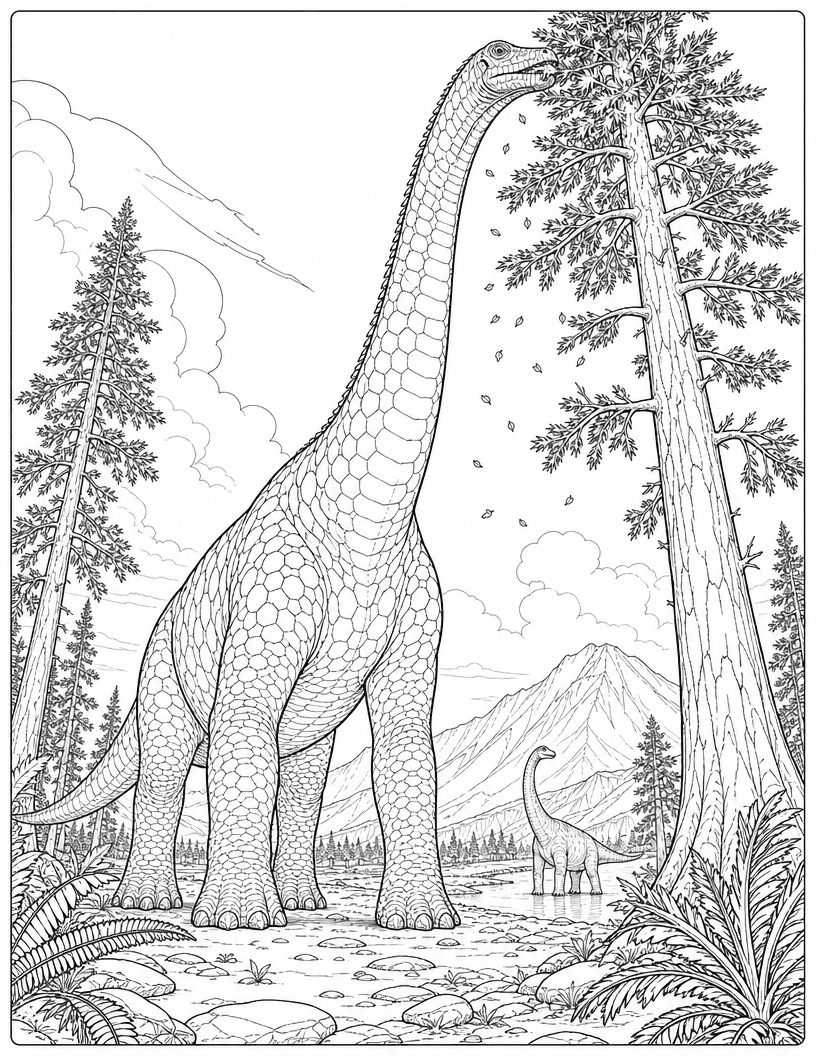 Coloring page of a tall brachiosaurus reaching leaves from a pine tree by a pond