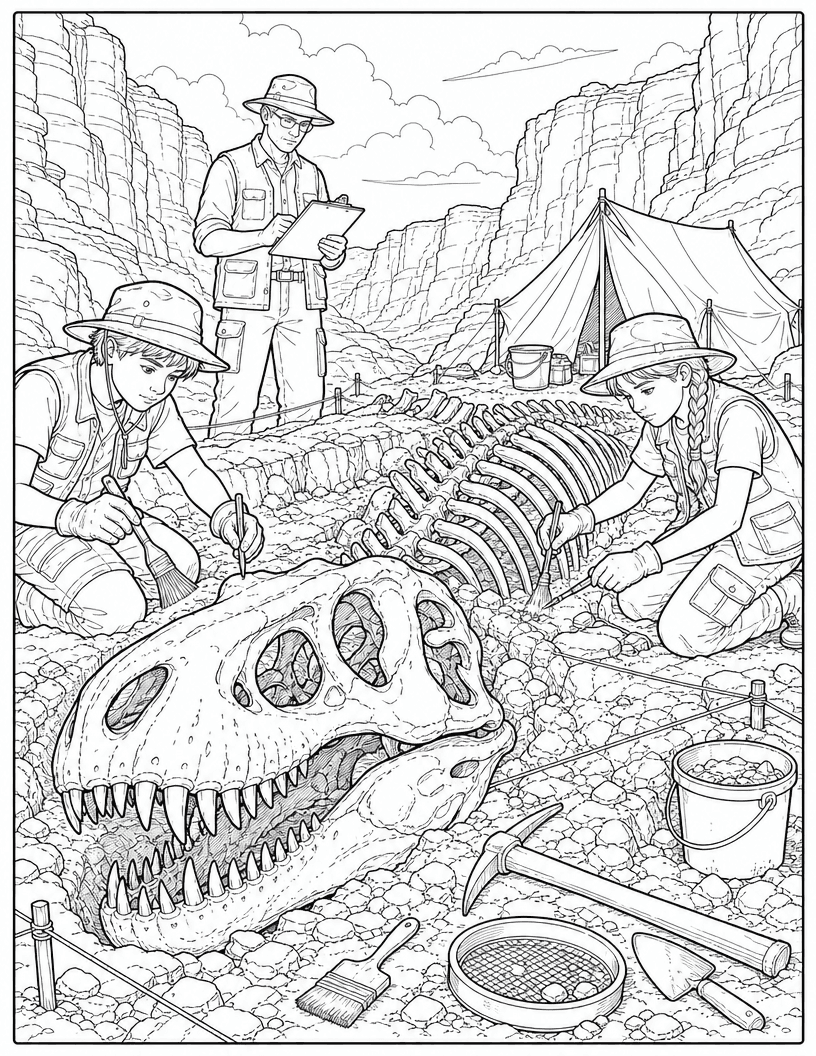 Coloring page of kids and an adult excavating a dinosaur skull and skeleton in a canyon