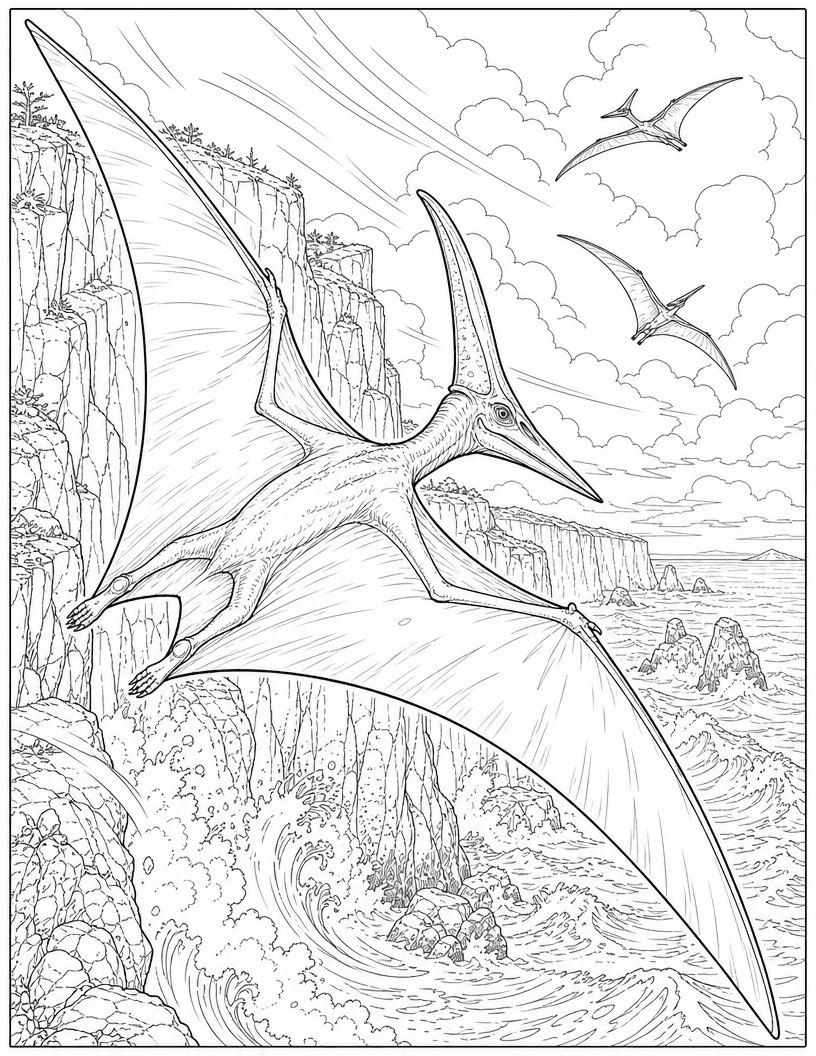 Coloring page of a pterodactyl soaring over ocean cliffs with two more in the sky