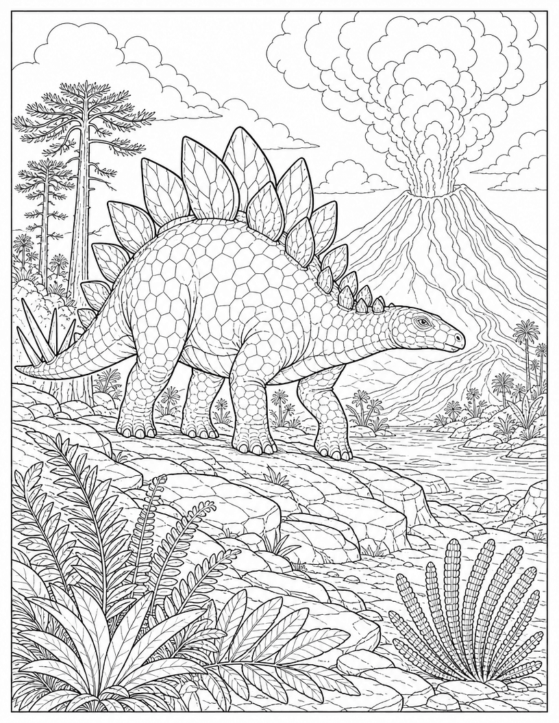 Coloring page of a stegosaurus on a rocky bank with a smoking volcano behind it