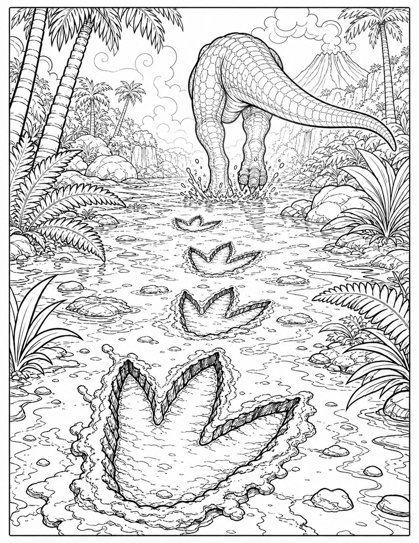 Coloring page of T. rex footprints in a stream with the dinosaur walking away toward a volcano
