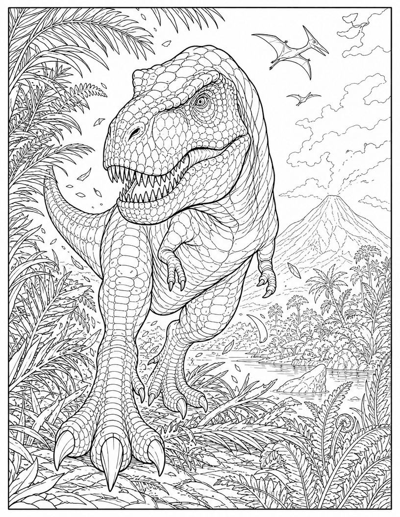 Coloring page of a T. rex standing in a jungle of ferns with flying reptiles and a volcano