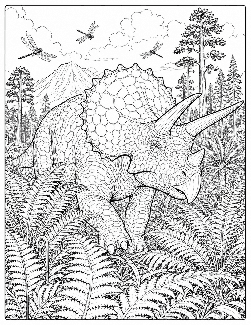 Coloring page of a triceratops walking through ferns with dragonflies and a mountain