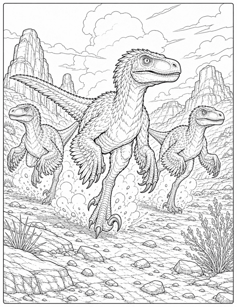 Coloring page of three feathered velociraptors running across a desert canyon