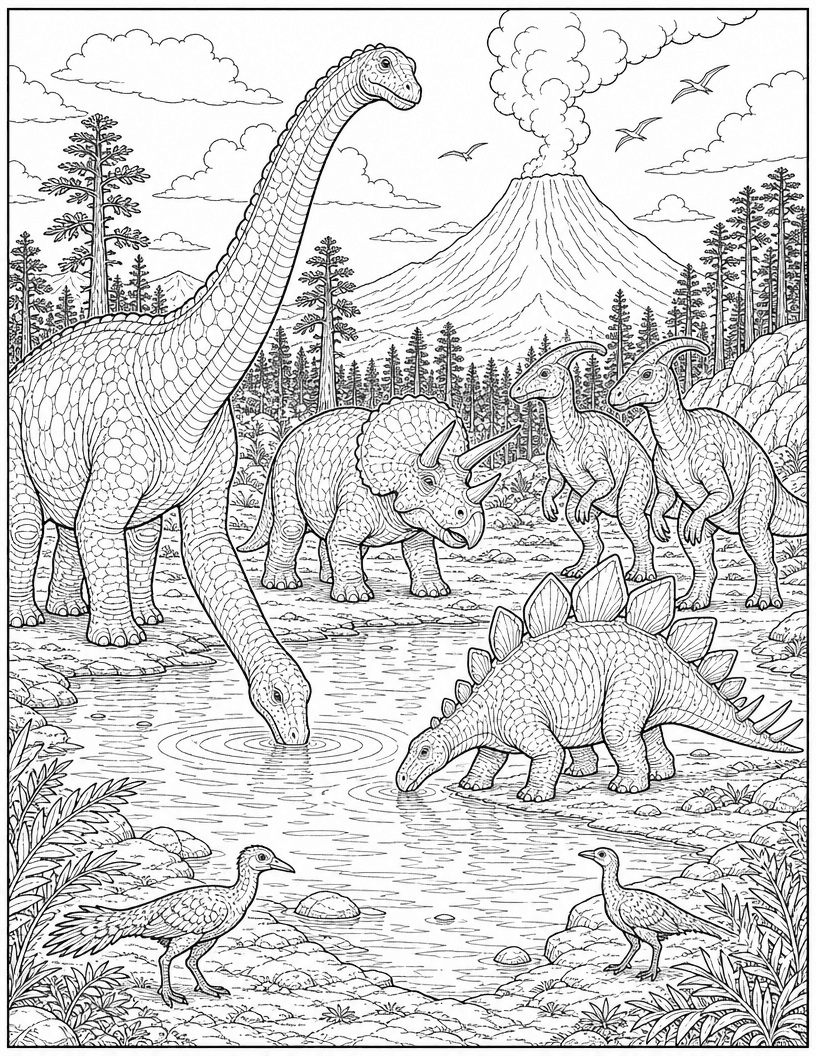 Coloring page of a long-neck dinosaur, triceratops, stegosaurus, and other dinosaurs at a watering hole