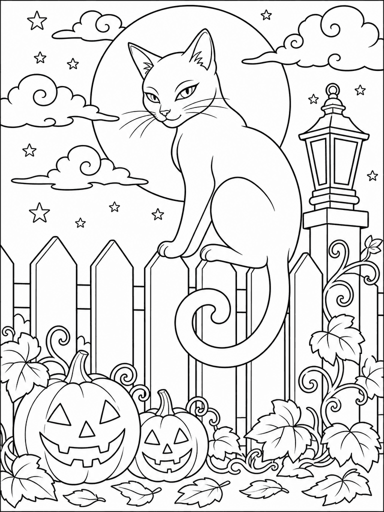 Coloring page of a cat sitting on a picket fence above jack-o'-lanterns