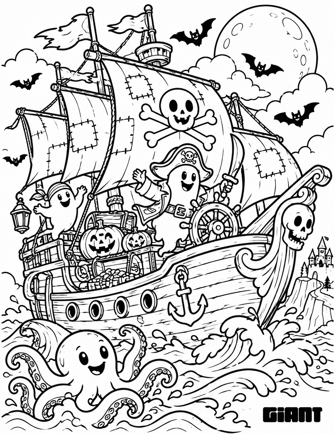Coloring page of a ghost pirate ship with an octopus in the waves