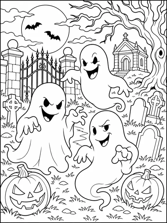 Coloring page of three friendly ghosts in a graveyard with jack-o'-lanterns