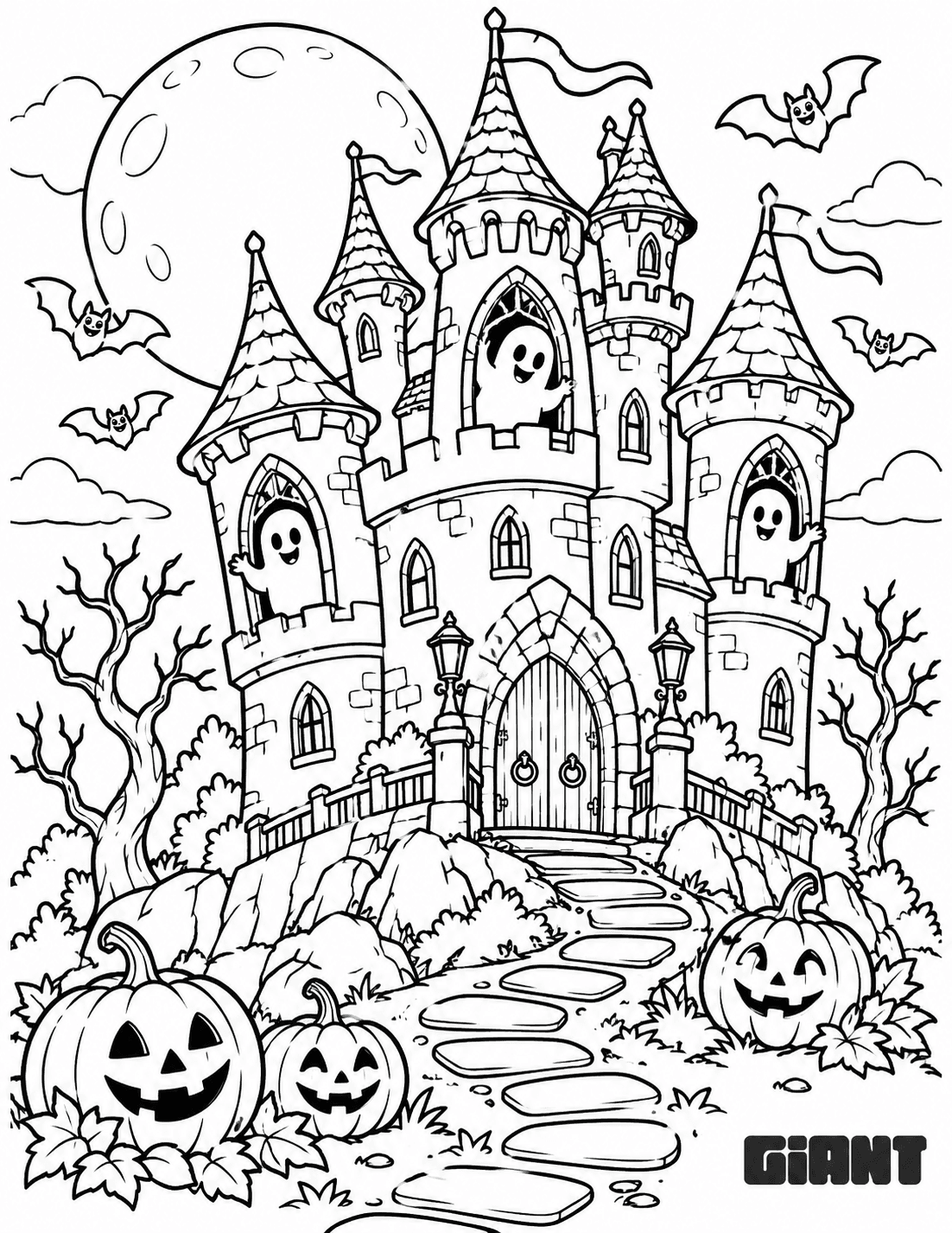 Coloring page of a haunted castle with waving ghosts and pumpkins