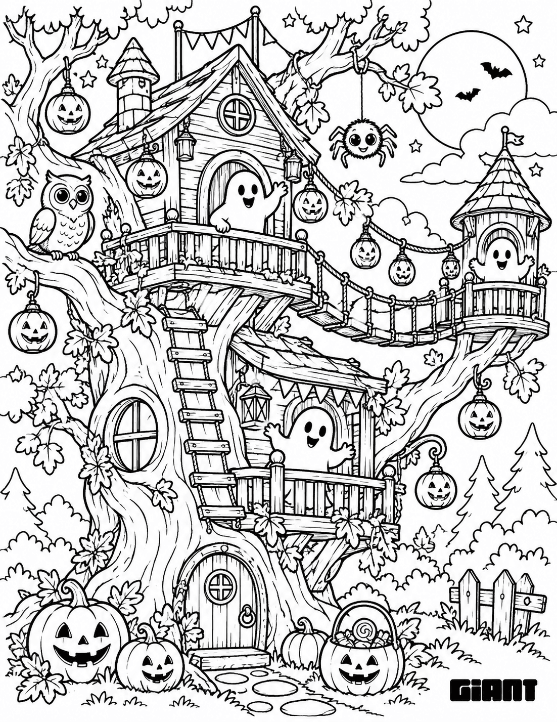 Coloring page of a haunted treehouse with ghosts on the balconies