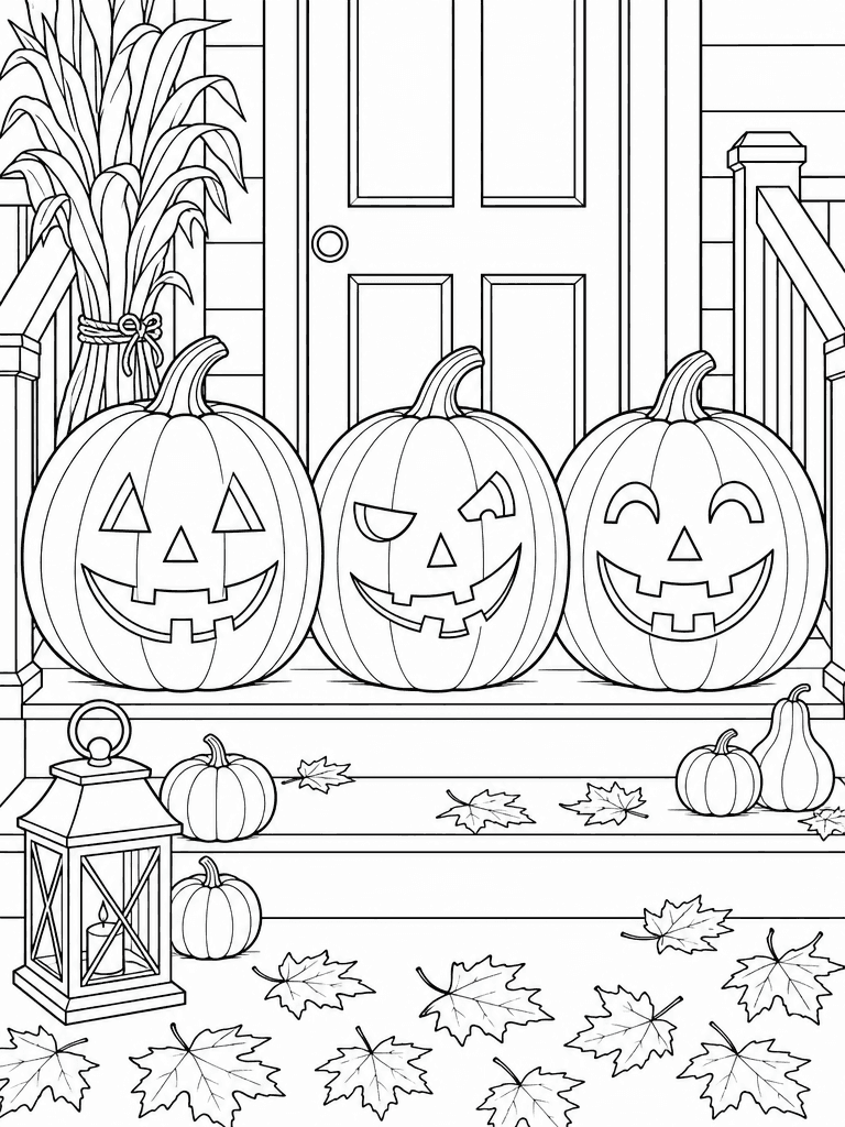 Coloring page of three jack-o'-lanterns on a front porch with a lantern and leaves