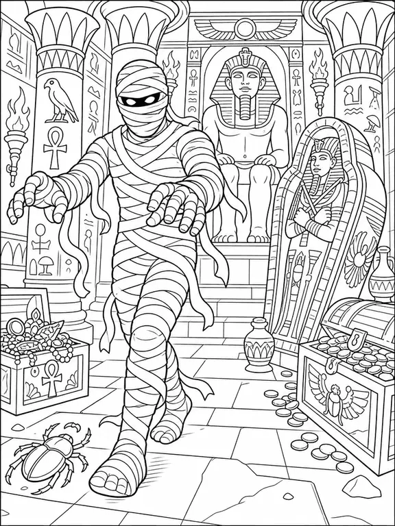 Coloring page of a mummy walking through an ancient tomb with treasure chests