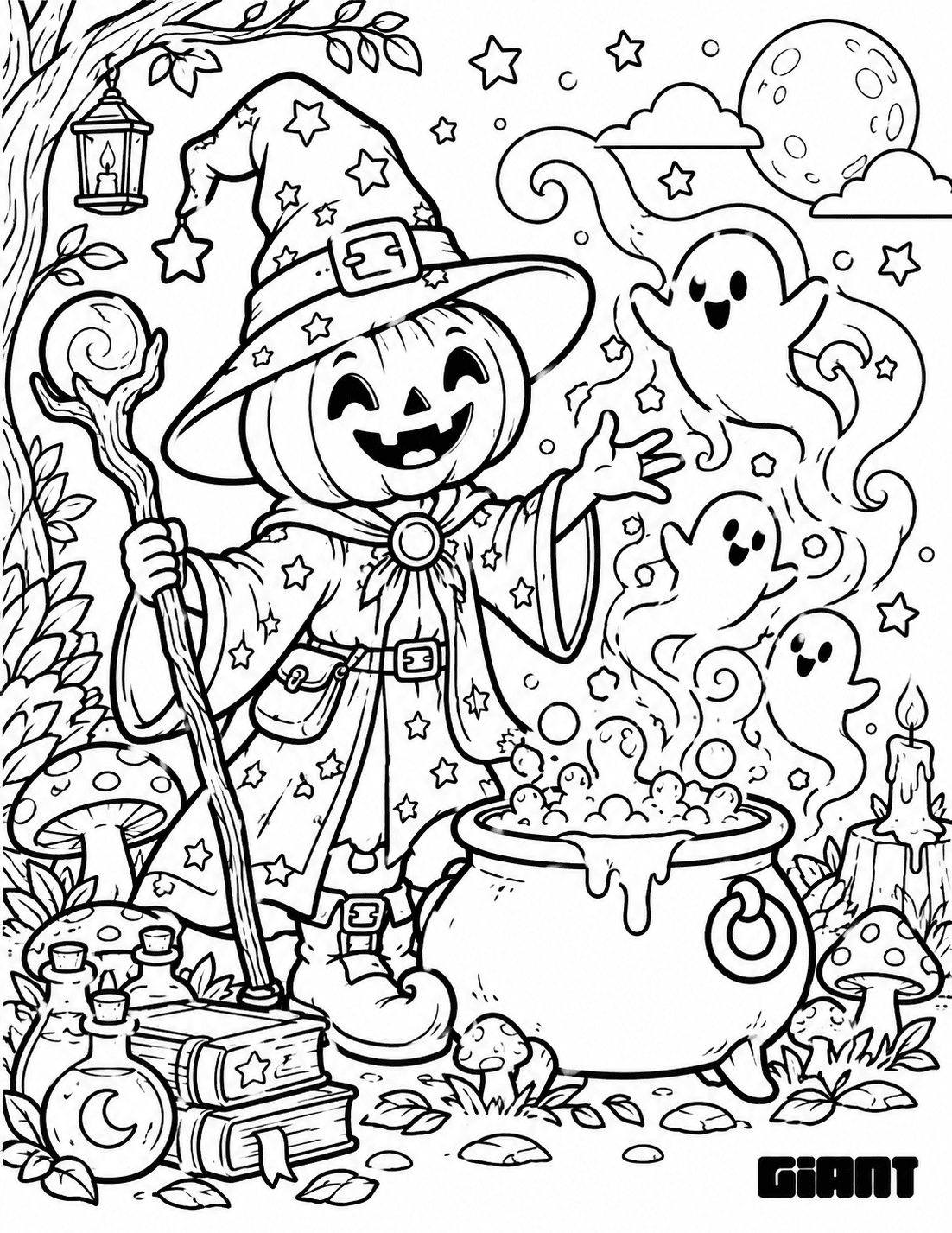 Coloring page of a pumpkin-headed wizard beside a bubbling cauldron of ghosts