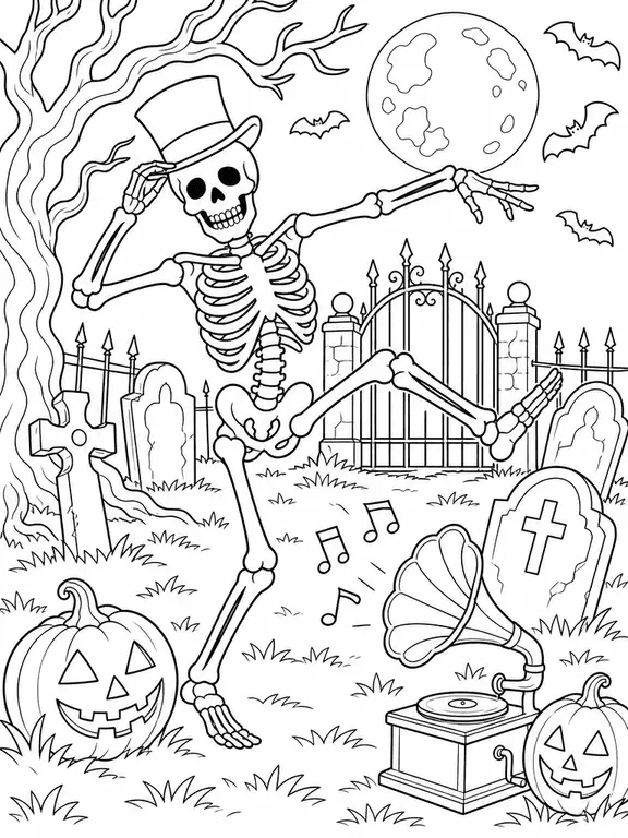 Coloring page of a dancing skeleton in a top hat beside a gramophone in a cemetery
