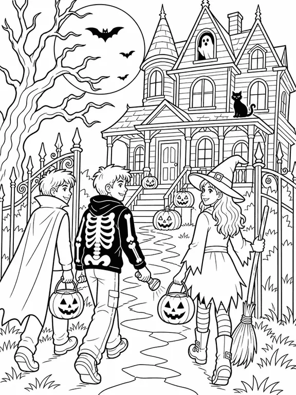 Coloring page of three kids in Halloween costumes walking to a house with pumpkin buckets
