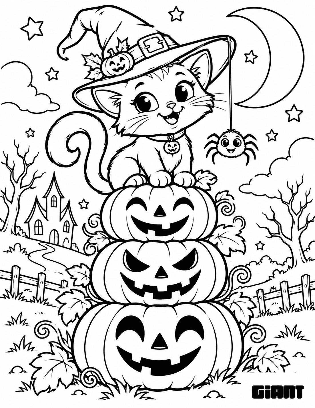 Coloring page of a kitten in a witch hat sitting on stacked jack-o'-lanterns