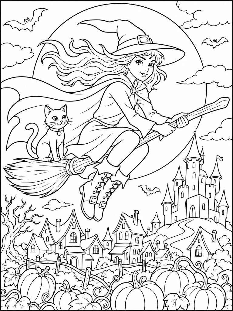 Coloring page of a girl witch and her cat flying a broom over a pumpkin village