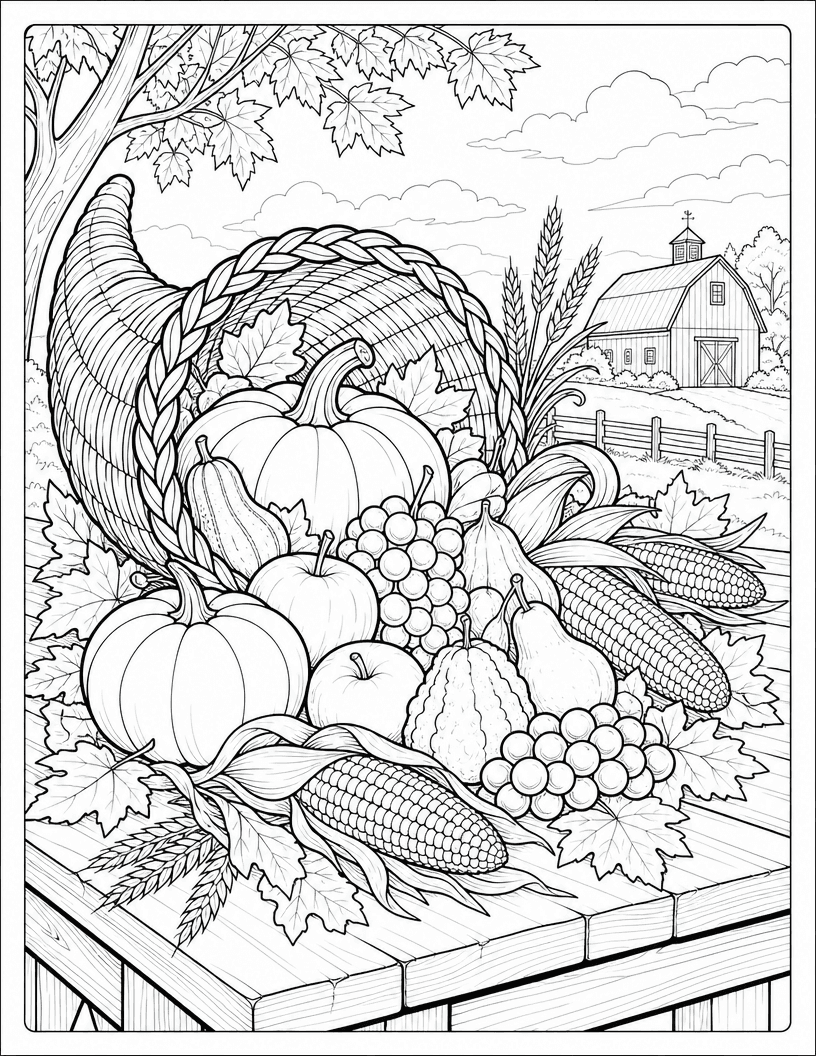 Coloring page of a cornucopia overflowing with pumpkins, grapes, apples, corn, and gourds