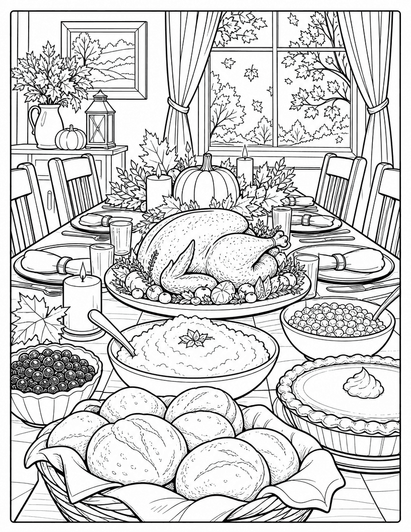 Coloring page of a Thanksgiving dinner table with a roasted turkey, rolls, mashed potatoes, and pie