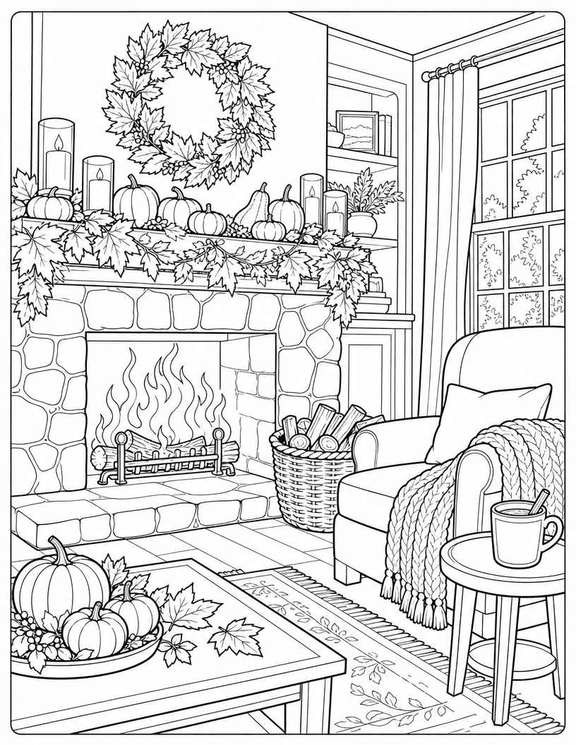 Coloring page of a stone fireplace with a leaf wreath, pumpkins on the mantel, and an armchair
