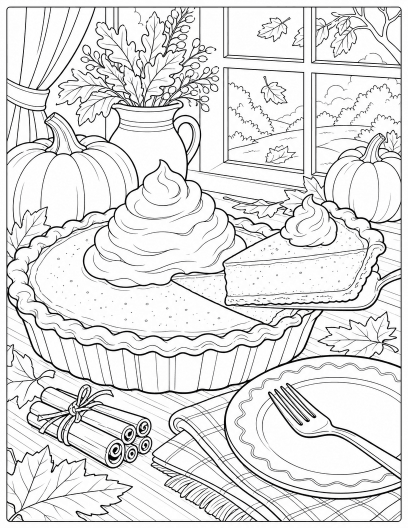 Coloring page of a pumpkin pie with whipped cream, a slice on a server, and cinnamon sticks