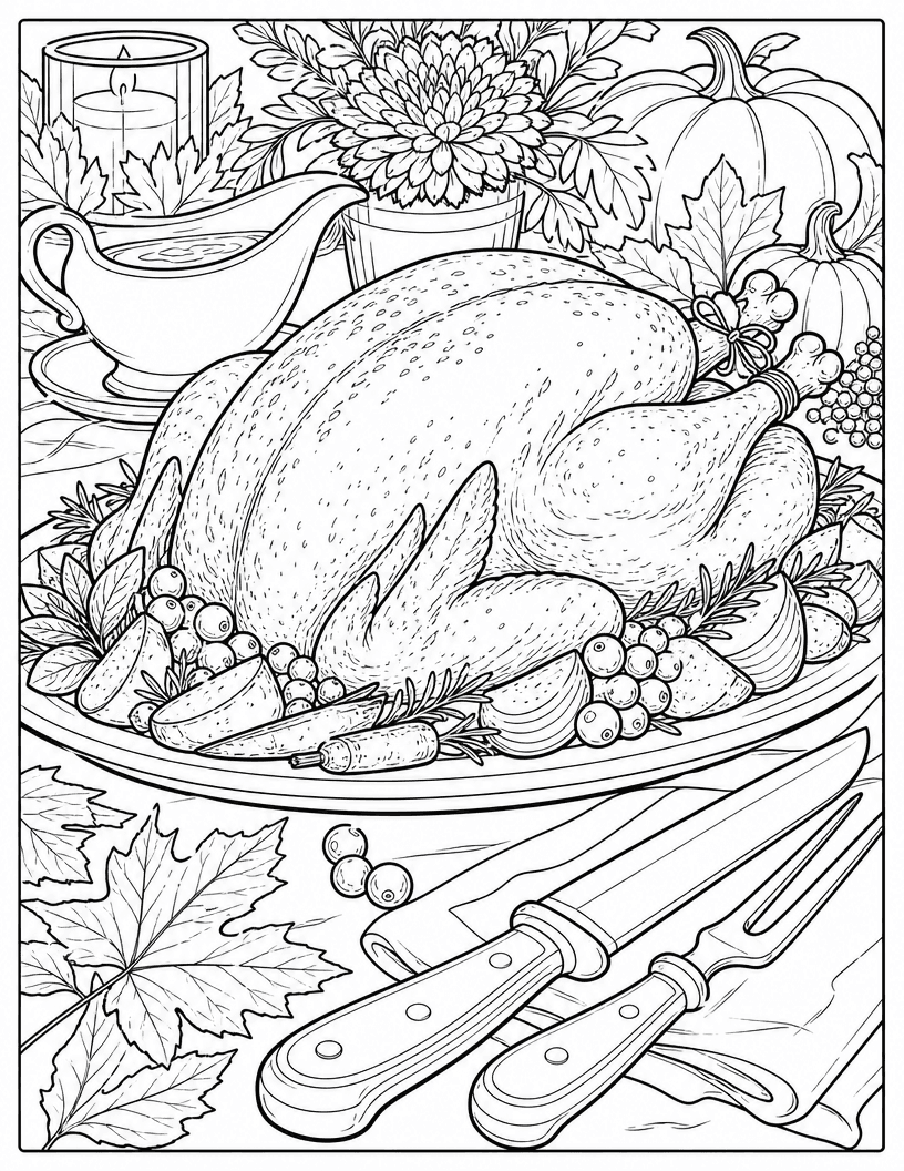 Coloring page of a roasted turkey on a platter with carrots, potatoes, and carving tools