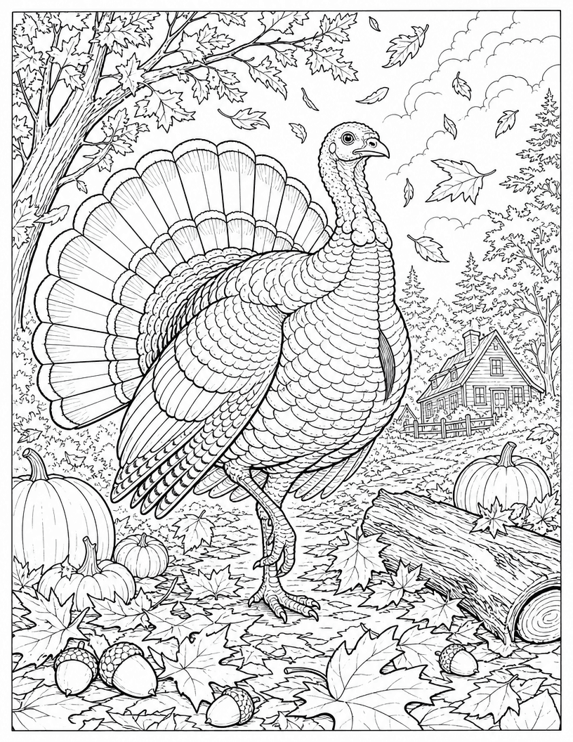 Coloring page of a turkey standing in fall leaves with pumpkins, acorns, and a cottage